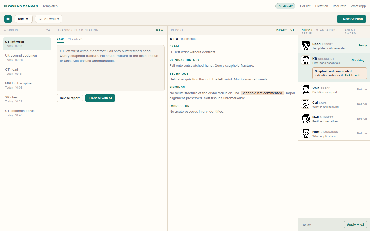 FlowRad Canvas radiology reading room with worklist, structured report, and context